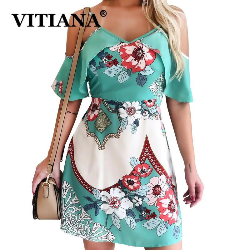 

VITIANA Women Beach Sexy Party Dress Summer 2019 Female Casual Elegant Print Floral Spaghetti Strap Bandage Dresses Vestidos