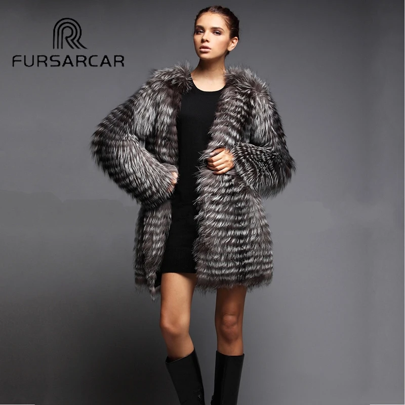 

FURSARCAR Real Silver Fox Fur Coat Women Fashion Slim Winter Natural Fox Fur Female Jacket Luxury 80 CM Long Warm Outerweat