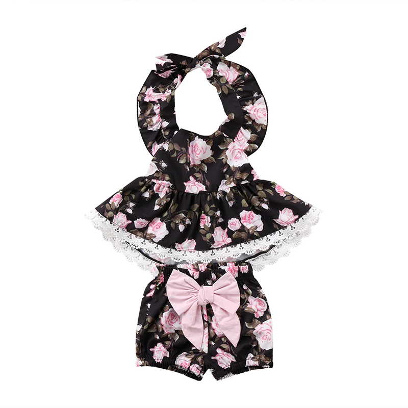 

2018 Summer Floral Sunsuit Sleeveless Backless T-shirt Tops Bow Shorts Hot Pant 2PCS Outfits Newborn Toddler Kids Clothing Set