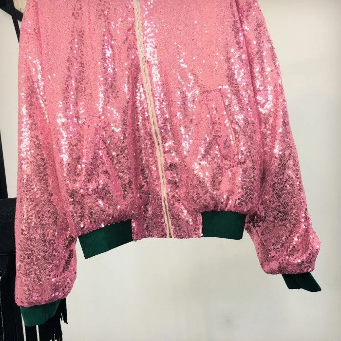 Women Autumn Sparkly Sequin Bomber Jacket Front Zip Up Long Sleeve Casual Coat Patchwork Ribbed Cuffs Party Jacket Coats