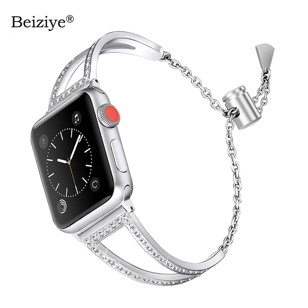 Для женщин Diamond ремешок для часов для Apple Watch полосы 38 мм 42 40 44 нержавеющая сталь браслет iWatch серии 1 2 3 4