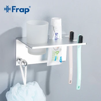 

Frap Hot Sale Space Wall Mount Aluminum Bathroom Shelf Toothbrush Toiletries Multi-function Bathroom Rack Shelf With Cup Y18081