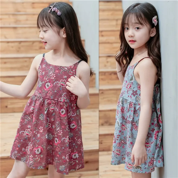 2018 New Summer Girls Dress Sleeveless Casual Flower Print Dress for