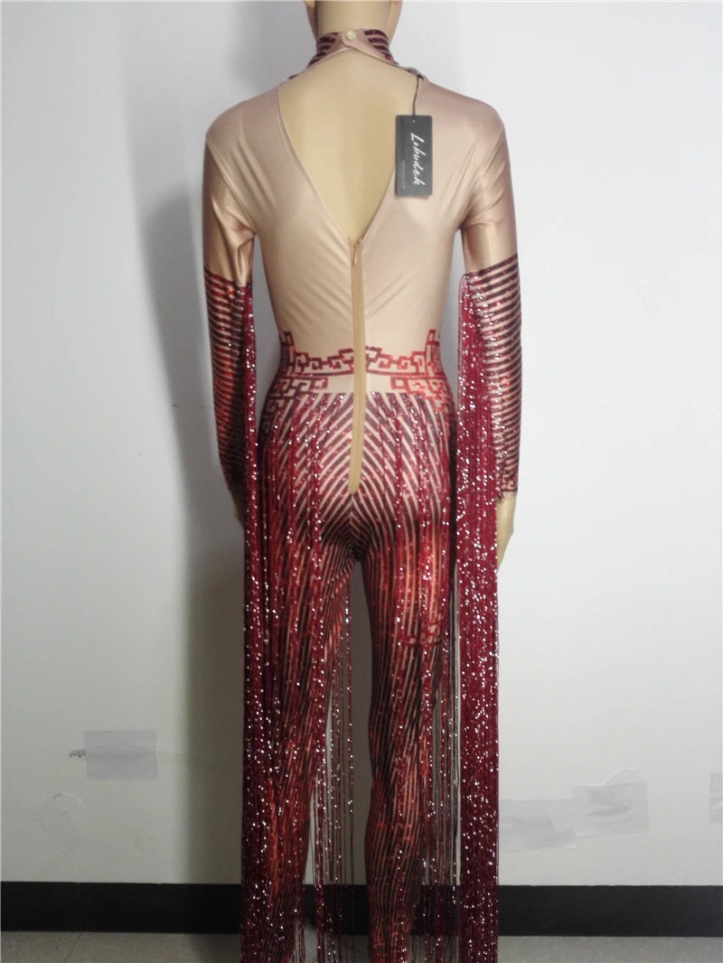 Красный комбинезон с кисточками и кристаллами, Женский танцевальный костюм для ночного клуба, ведущая танцовщица, сценический костюм, одежда для сцены