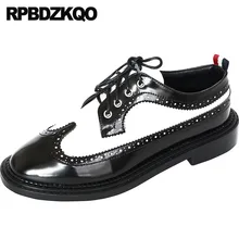 Зимние дизайнерские на шнуровке Черный и белый цвета в китайском стиле с круглым носком женские броги винтажные женские туфли-оксфорды из лакированной кожи Женская обувь на плоской подошве