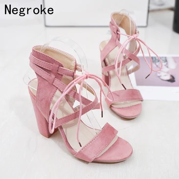 

2019 Fashion Women High Heels Sandals Square Heel Cross Strap Sexy Ladies Lace Up Gladiator Sandalias Mujer Plus Size 43