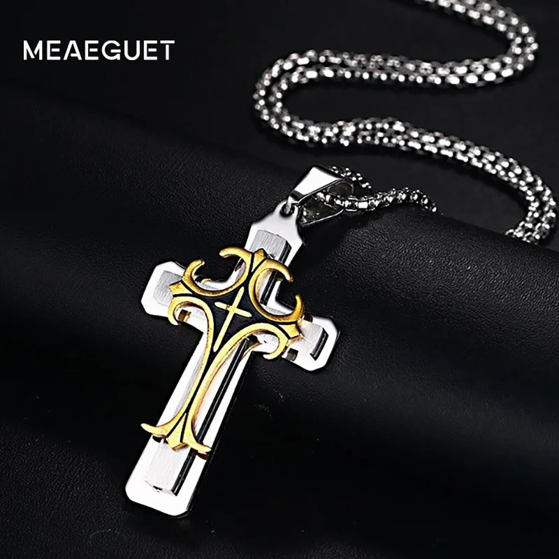Meaeguet винтажное большое многослойное мужское ожерелье с Т-образным крестом для мужчин из нержавеющей стали Круз-2" цепочка в коробке