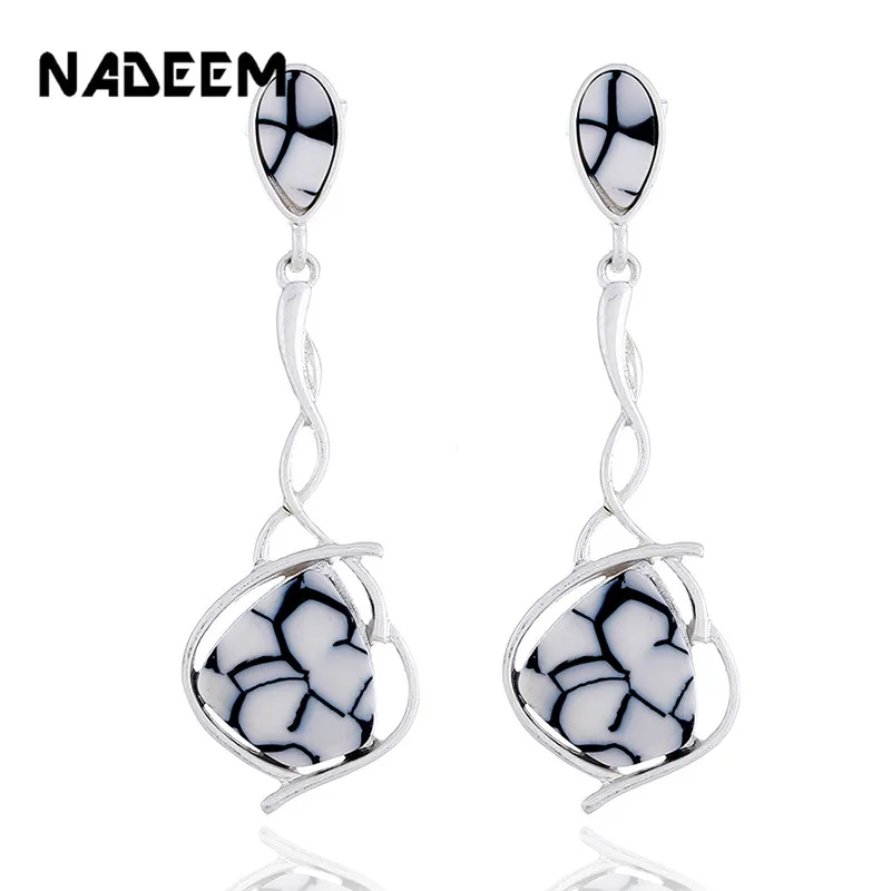 

Handmade fashion simple geometric circular white marble long silver earrings girls popular howlite dangle earrings temperament