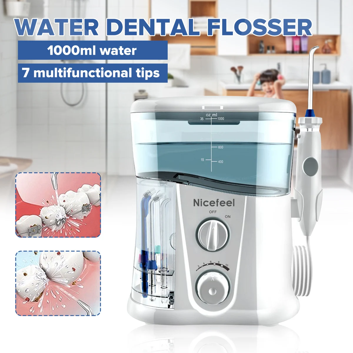 Irrigador Dental eléctrico Nicefeel, 1000ML, agua, hilo Dental, cuidado Dental, hilo Dental, agua, cepillo de dientes, SPA Dental con 7 Uds de puntas ► Foto 1/6