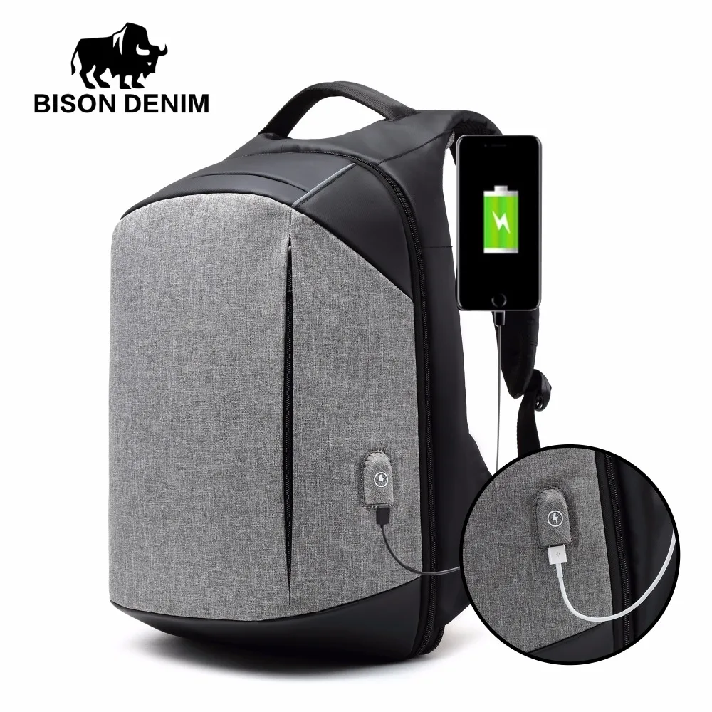 

BISON DENIM fashion brand men backpack nylon External USB Charge laptop backpacks Anti-theft Waterproof travel backpack bag