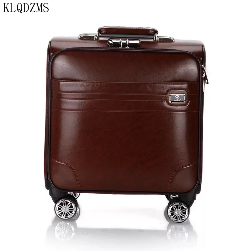 KLQDZMS 18 дюймов бизнес багаж интернат высокого качества pu кожа прокатки багаж Spinner бренд путешествия чемодан на колесах