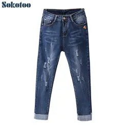 Для женщин ботильоны длина подворачиваемый подол рваные укороченные джинсы отверстия синие джинсовые Джинсы бойфренда Штаны