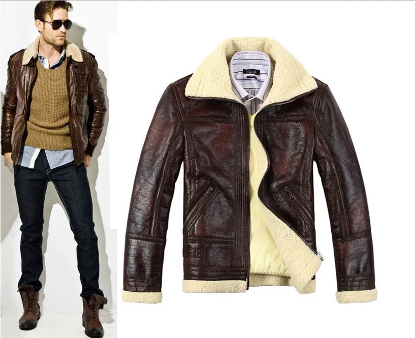 Mens Air Force pilot Motorcycl Thicken LEATHER fur hot