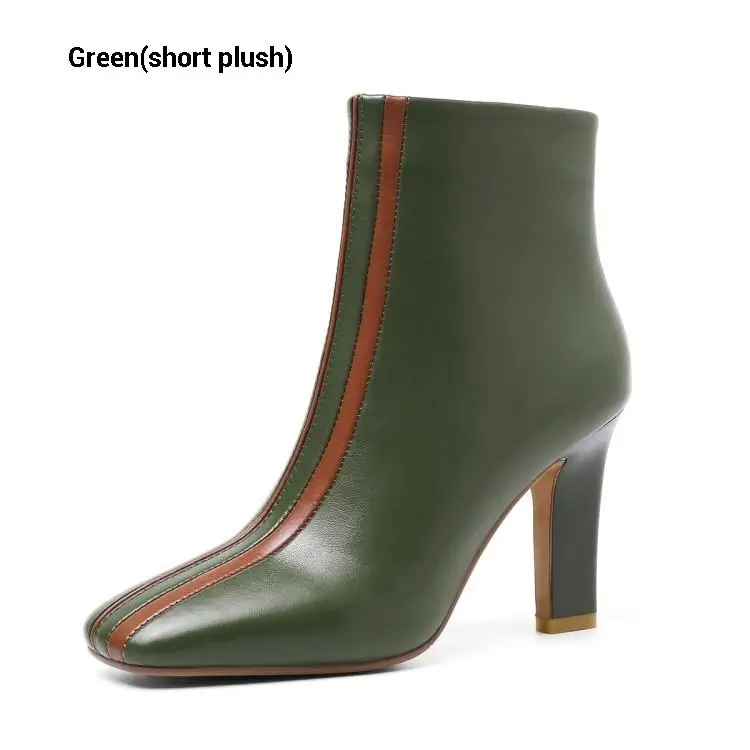 CDAXIALN/новые женские полусапожки из натуральной коровьей кожи, с боковой молнией, на высоком каблуке, с квадратным носком, цветные ботильоны осень-зима - Цвет: Green(short plush)