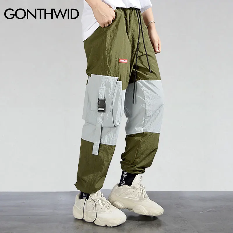 GONTHWID Side Pockets Buckle Cargo Pants Streetwear Fashion Hip Hop Casual Color Block Patchwork Loose Baggy Trousers Male | Мужская