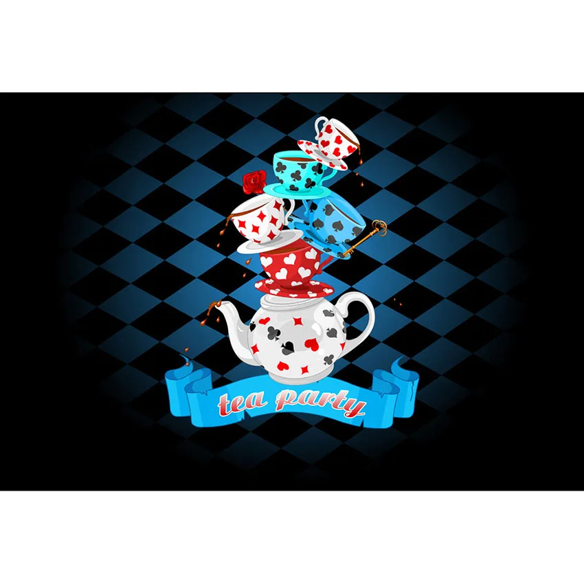 7x5ft Blue Black Checkers Tea Party Tea Cups Teapots Custom Photo Studio Backdrop Background