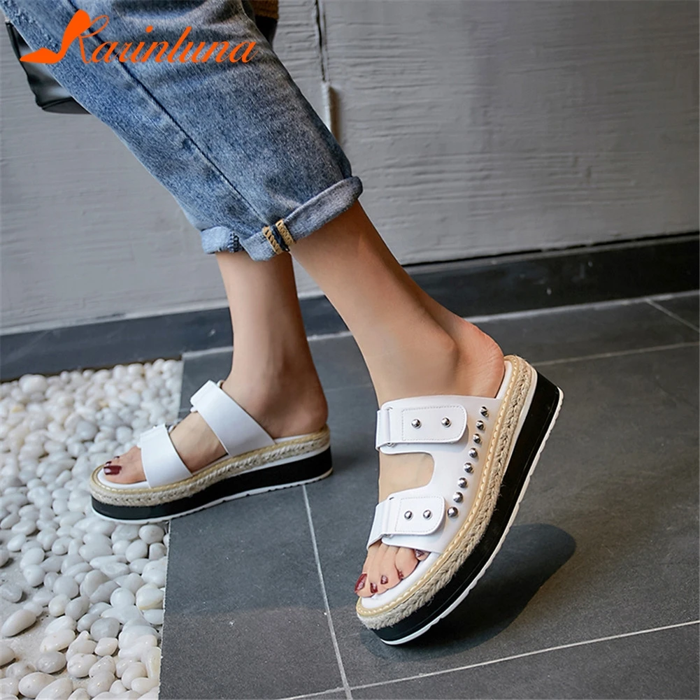 

KARINLUNA Brand New women's Genuine Leather Rivet Ladies Wedges High Heels Platform Shoes Woman Casual Soft Summer Slippers