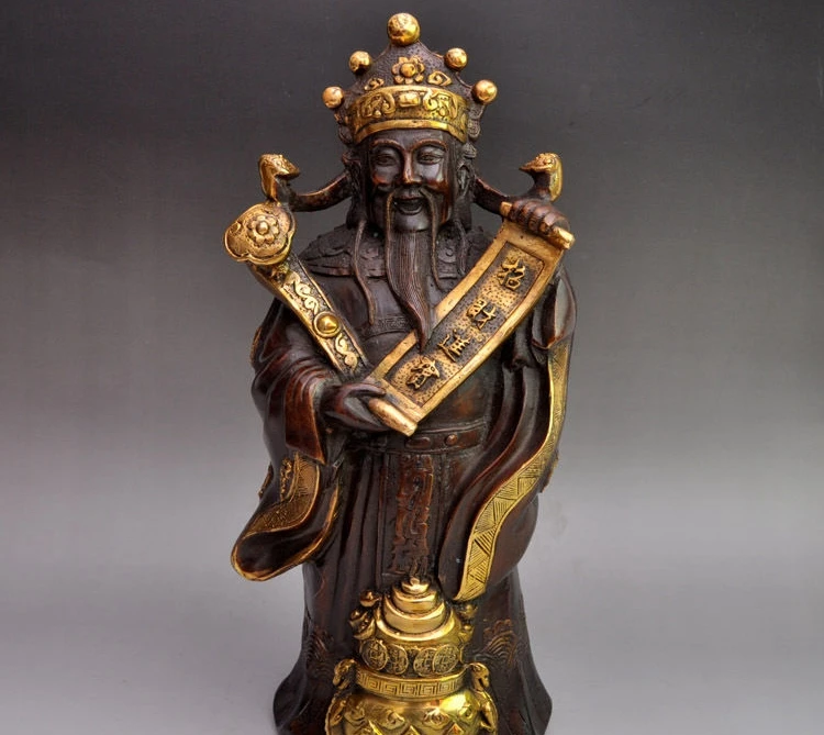 

14"Chinese Copper Gilt Lucky Ru Yi Yuan Bao Money God of wealth Buddha Statue a 0518
