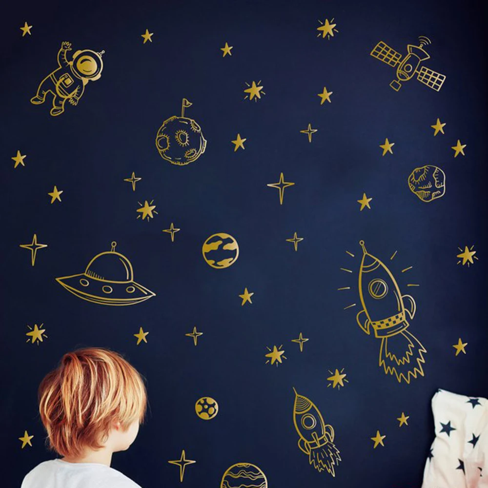 Calcomanías de vinilo personalizadas con nombre de nave espacial y  estrellas para decoración de habitación de niños, guardería, sala de juegos