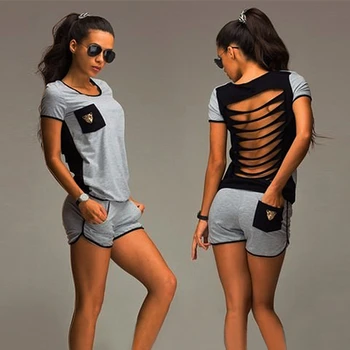 

2019 Fashion Back Hollow short-sleeved shorts suits Summer Casual slim Female two piece set Plus Size