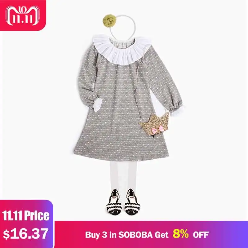 

Elegant Dress for Girls Long Sleeve Puff Sleeve A-line Lace Girls Dresses Dot Pattern Knee-length O-neck Dress Clothes for Girls