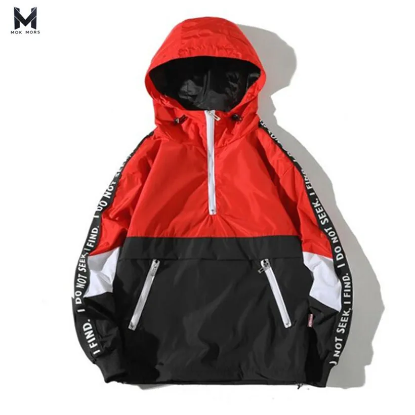 

MOK MORS MHooded Jackets Men 2018 New Patchwork Color Block Pullover Jacket Fashion Tracksuit Casual Coat Men Hip Hop Streetwear