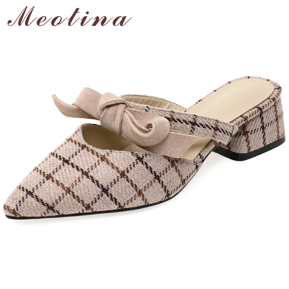 

Meotina Women Mules Shoes Summer Slides Gingham Block Heels Party Shoes Bow Pointed Toe Slippers Female Sandals Large Size 33-46