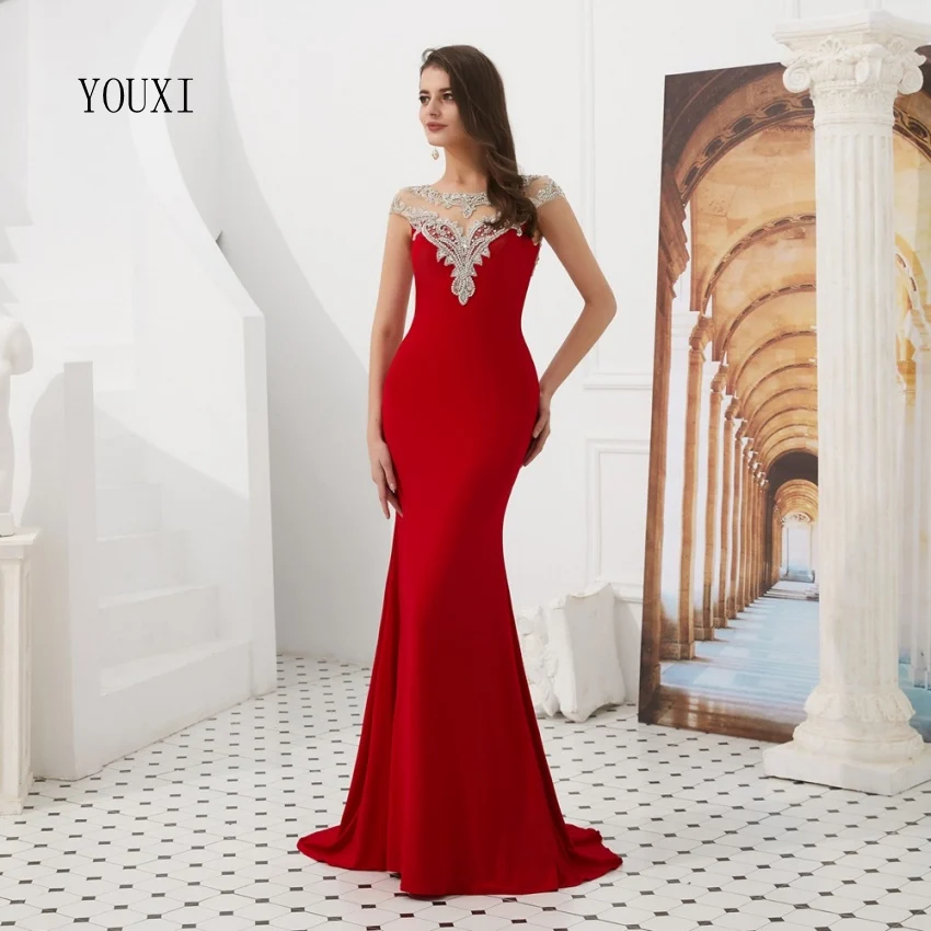 

Sexy Sheer Red Evening Dresses 2019 Open Back Mermaid Formal Prom festliche kleider abendkleider Vestidos de Fiesta de Noche