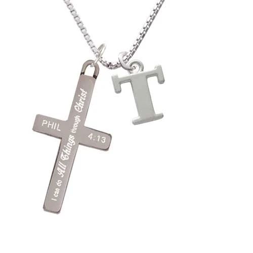 Large Initial - T - - I Can Do All Things - Cross Necklace (1)