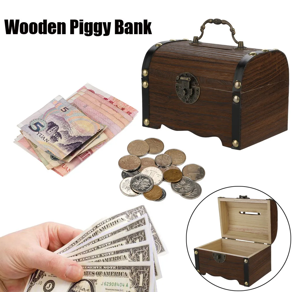 

Item storage Wooden Piggy Bank Safe Money Box Savings With Lock Wood Carving Handmade Vintage and beautiful