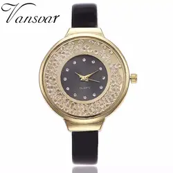 Бренд vansvar Для женщин часы со стразами роскошные модные золотые часы Повседневное кожаный ремешок кварцевые часы Montre Femme