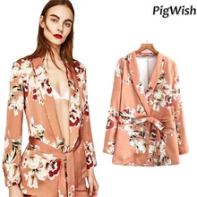 PigWish 2017 Flower Print Blazer Feminino Sashes Women Slim Fit Long OL Vintag Trouser Suit Jacket Floral Coat Outerwear Pant