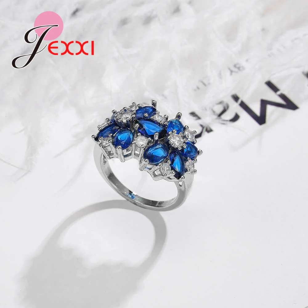 Романтические 2 кольца с синим камнем в форме цветка для милых женщин, влюбленных 925 Чистое серебро пробы, ювелирные изделия для помолвки