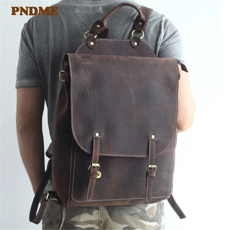 

PNDME high quality genuine leather men's backpack vintage crazy horse cowhide large capacity computer bagpack travel bookbags