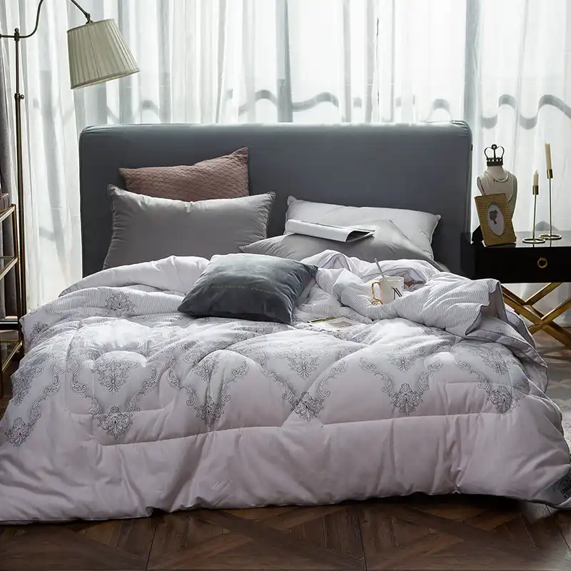 All Season White Gray Quilted Comforter Microfiber Ultra Soft