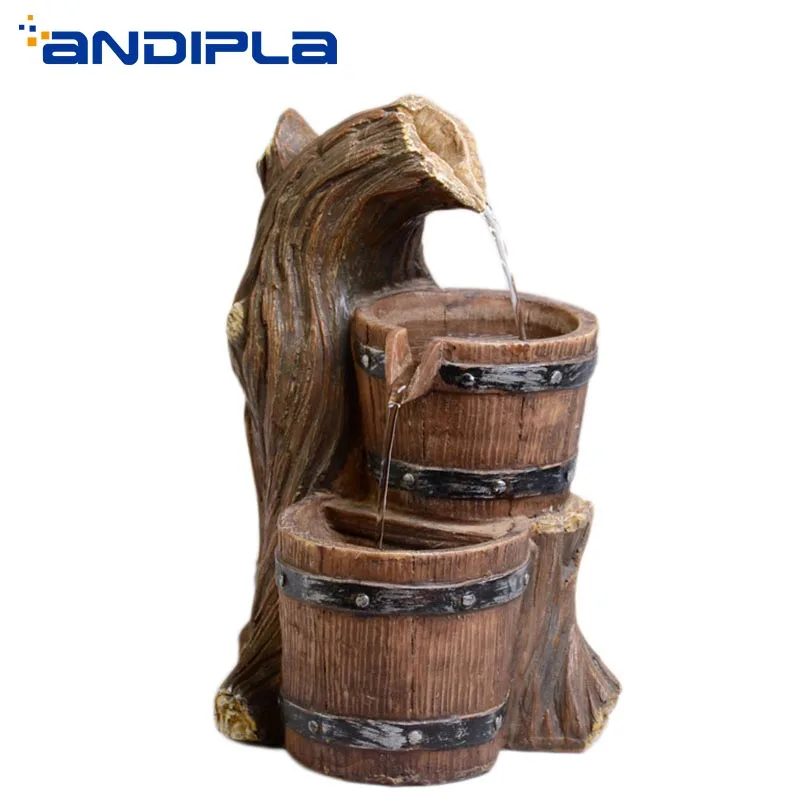 

110V-220V Mini Resin Barrel Water Fountain Feng Shui Home Decoration Desktop Figurine air humidifier vintage Ornament Lucky Gift