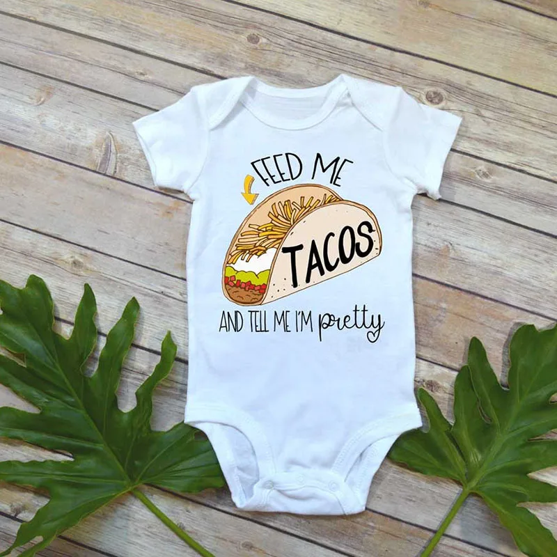 

DERMSPE Newborn Baby Boy Girl Short Sleeve Letter Print Feed Me Tacos And The Me I'm Pretty Romper Outfits Summer Baby