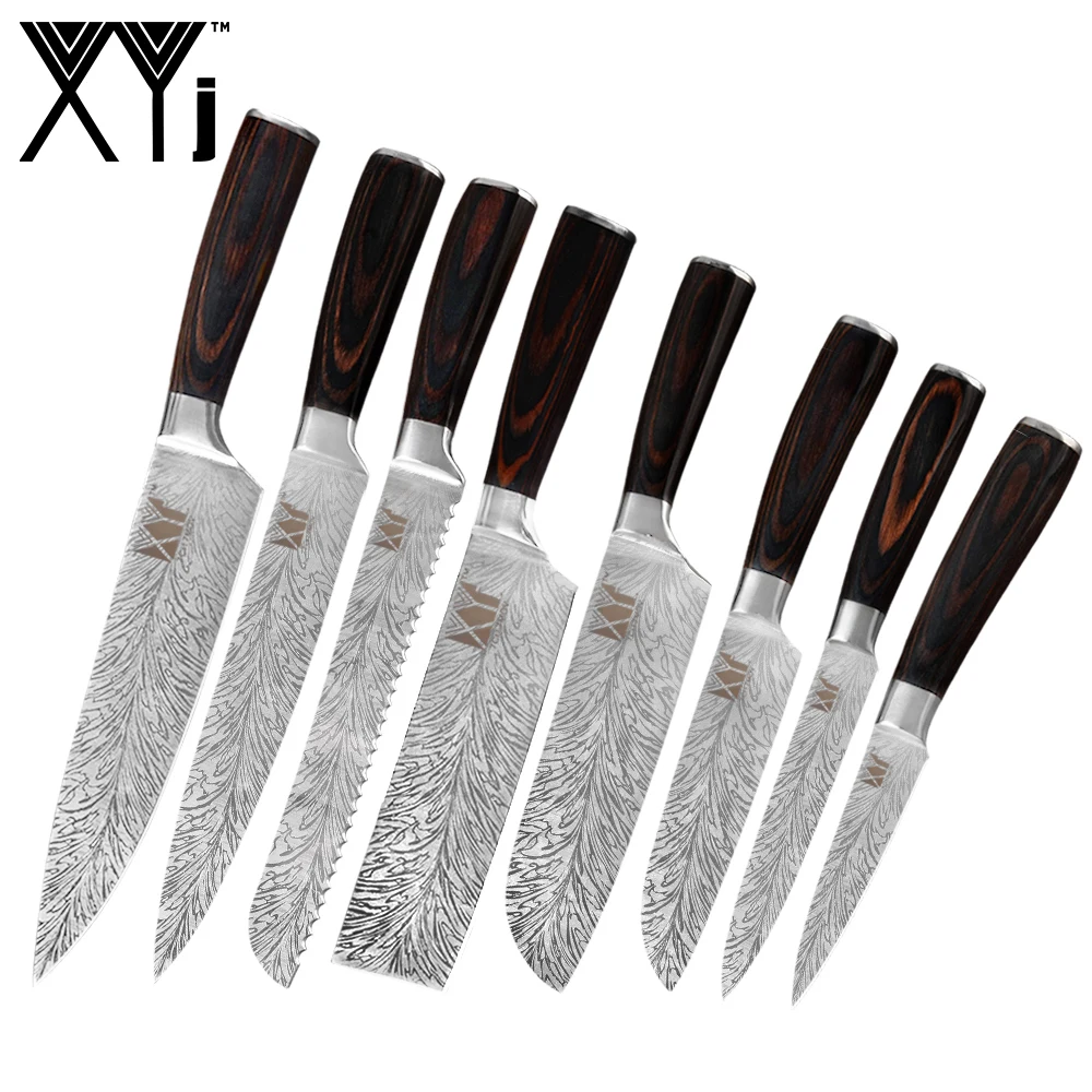 

XYj Cooking Kitchen Stainless Steel Knife Damascus Pattern Blade Chef Slicing Bread Chopping Santoku Utility Paring Knives