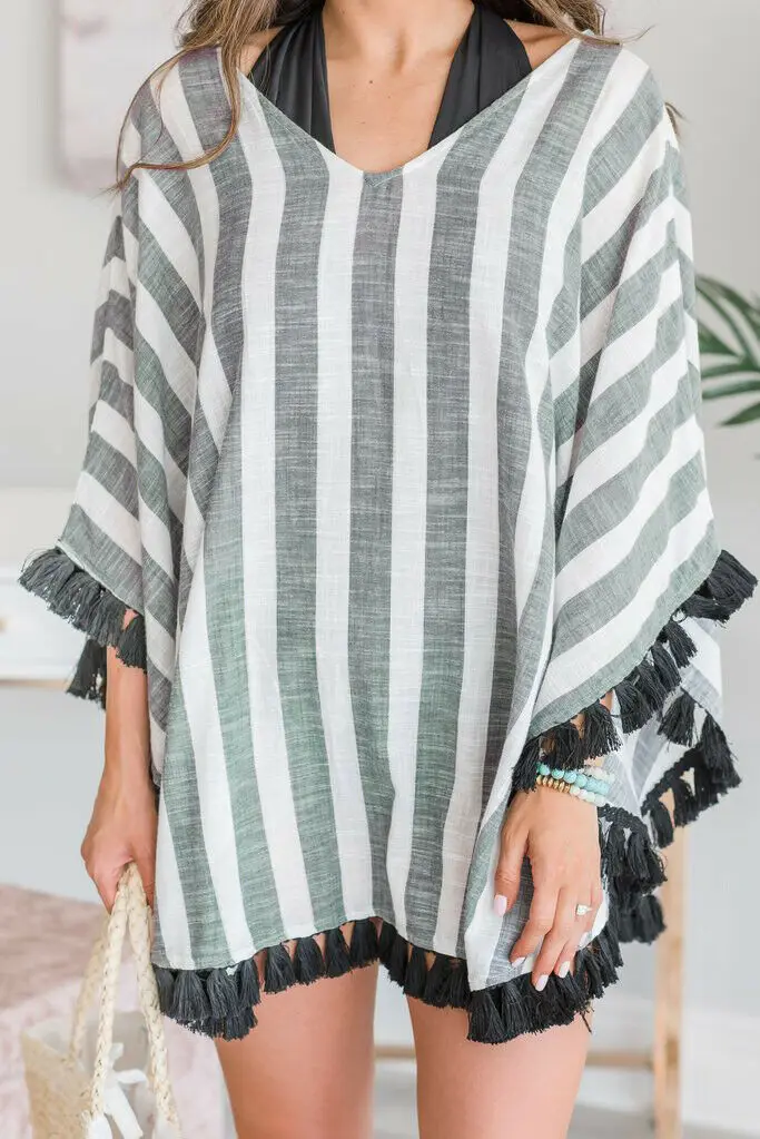 

One Piece Summer Women Bikini Cover Up Beach Loose Blouse Sunscreen Striped Swimwear Mini Dress Holiday Tassel Wrap Scarf Pareo