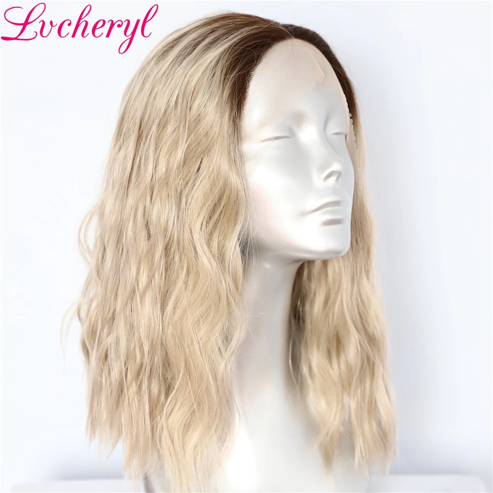 

Lvcheryl Hand Tied Short Water Wave Ombre Brown To Blonde Heat Resistant Fiber Hair Synthetic Lace Front wigs for Women