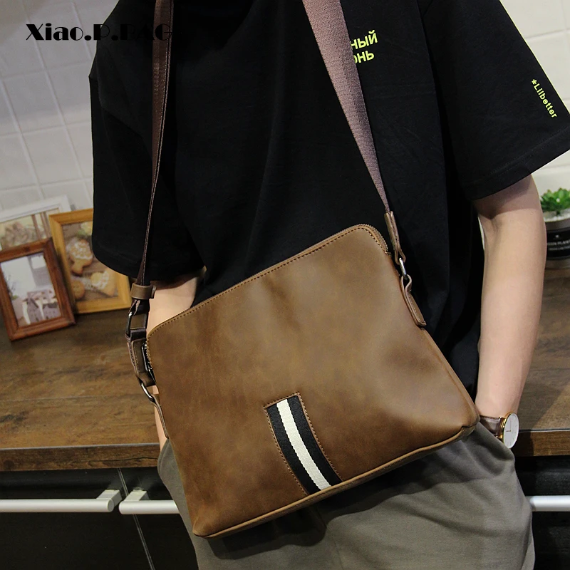 

Xiao.P Crazy Horse PU Leather Casual Male Crossbody Bag Square briefcase Single Shoulder Bag Brown Messenger Bag Business Bag