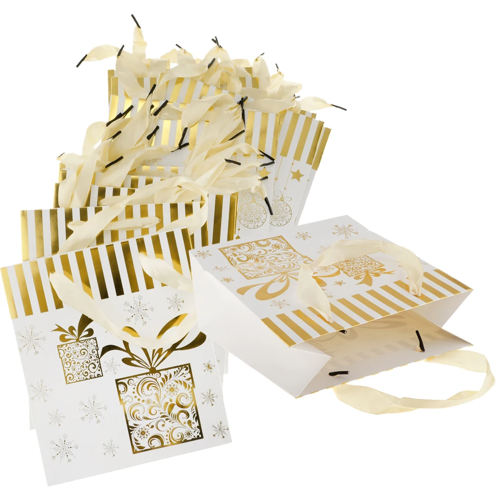 12pcs Christmas  Santa Claus Deer Snowflake Paper Gift Bags Handle Tote Bags Party Favor