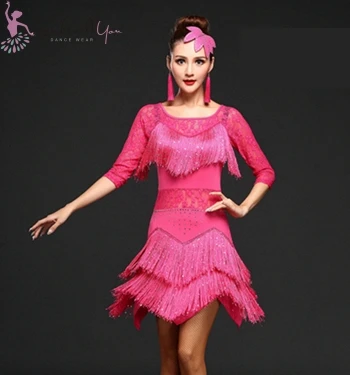 Fuchsia sequins Платье для латинских танцев для детей и взрослых, Современный бальный blingbling бахрома для сальсы, танго, кисточки, Самба, карнавальный костюм, комфортный наряд - Цвет: Fuchsia sequins