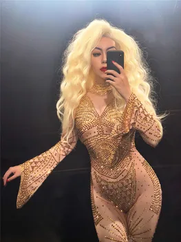 

Sparkly Gold Crystals Jumpsuit Sexy Rhinestones Bodysuit Stage Wear Women's Celebrate Female Singer Nightclub Costume Outfit DJ