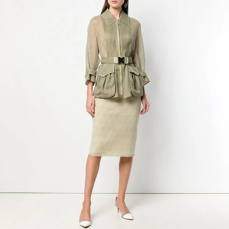 discount TWOTWINSTYLE Hollow Out Solid Jacket For Women Lapel Collar Long Sleeve Zipper With Sashes Coat Fem