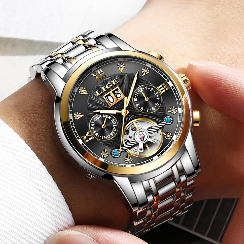 

Relojes LIGE Top Brand New Men Automatic Mechanical Watch Is The Tourbillon Dial Black Fashion Sports Watches Relogio Masculino