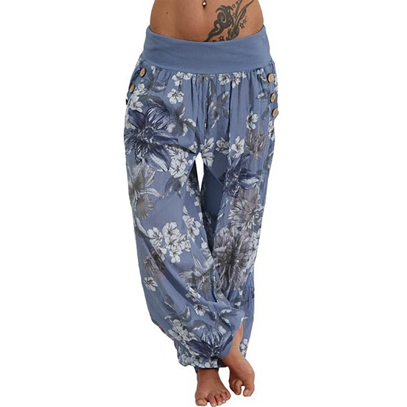 

Puimentiua 2019 Fashion Women Casual Print Pants Wide Leg Pants Loose Pocket Button Pants Wholesale Freeship Women Pants NEW HOT