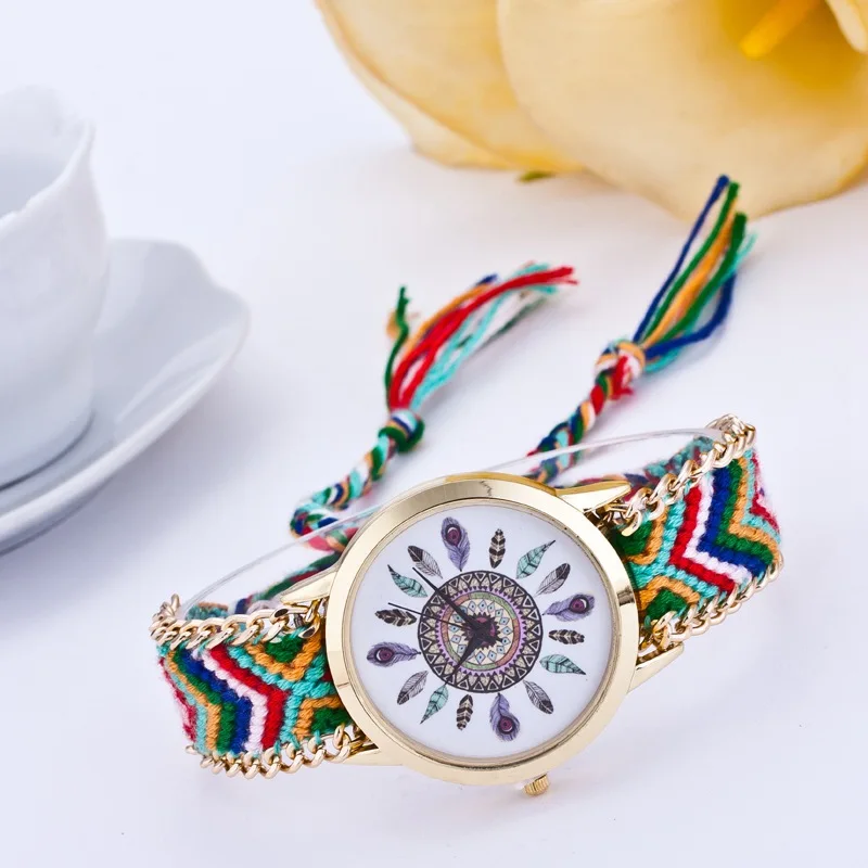 

Feather Hand Woven Women Watches Handmade Braided Friendship Bracelet Watch Quartz Dress Wristwatch