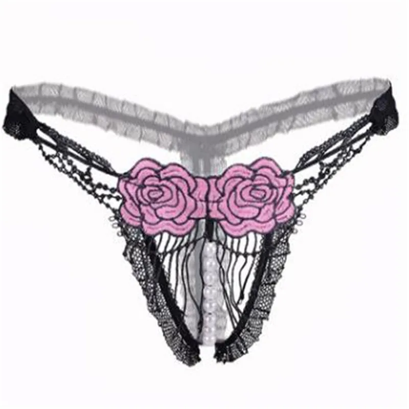 Полые розы, цветы, прозрачные сексуальные трусики для женщин с жемчугом, стринги и стринги, нижнее белье, Culotte Femme - Цвет: Розовый