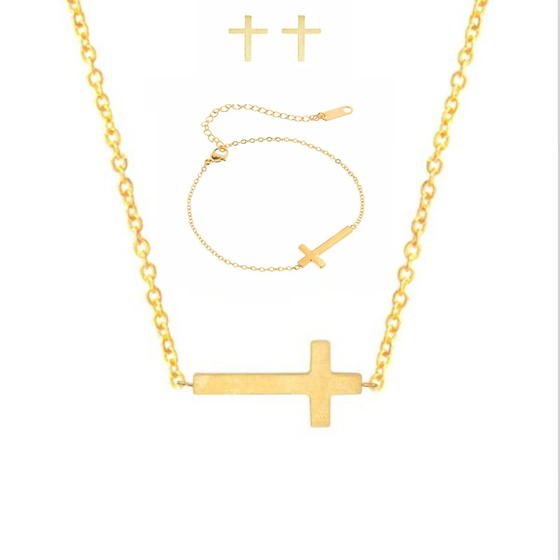 High Quality Punk Religion Cross Jewelry Sets Gold Color Stainless